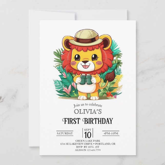 Little Colorful Lion 1st Birthday Digital Invitation (Front)