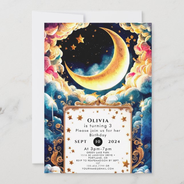 Little Colorful Moon Birthday Invitation (Front)