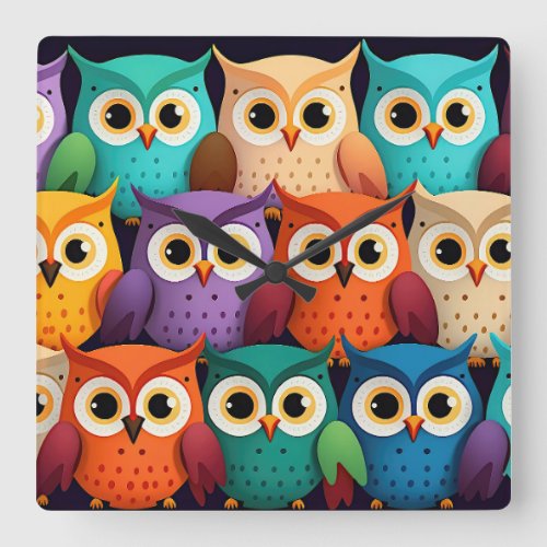 Little Colorful Owls Square Wall Clock