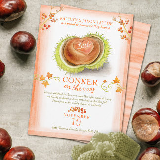 Little conker heart watercolor baby shower announcement