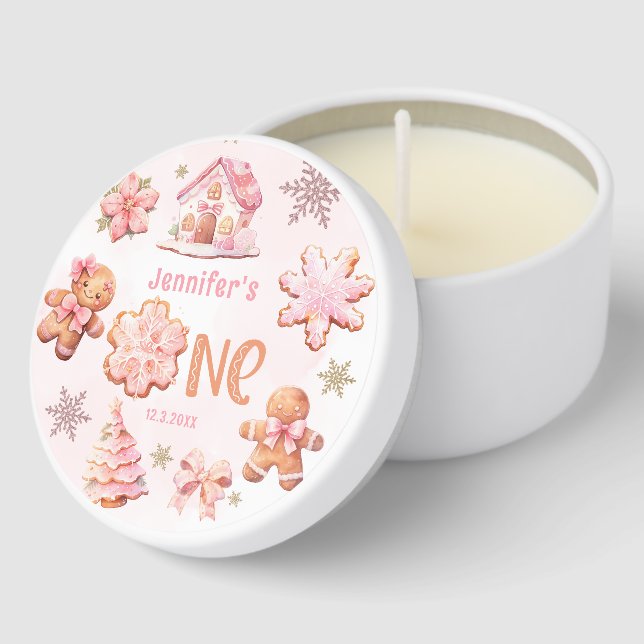 Little cookie 1st birthday pink gingerbread mini candle favors (Corner)