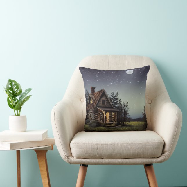 Little Cottage In The Moonlight Throw Pillow (Chair)