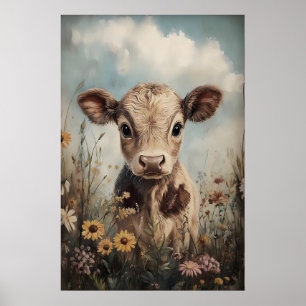 Little cow wild flowers print, Easter farmhouse Poster