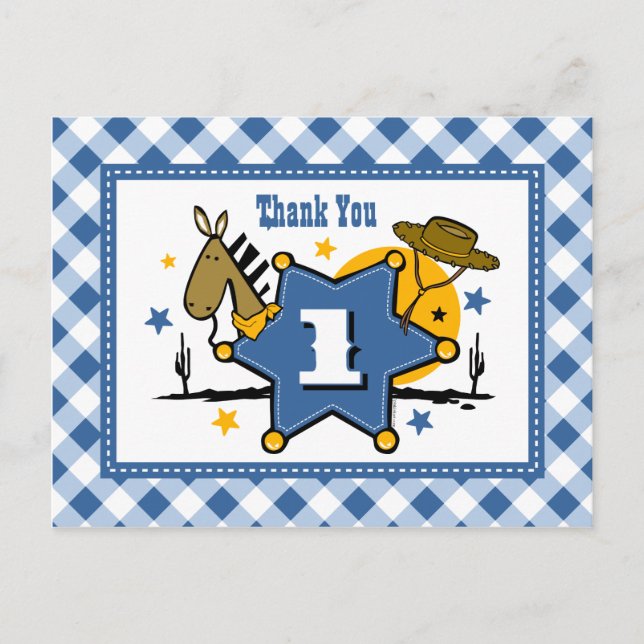 Little Cowboy 1st Birthday Thank You Postcard (Front)