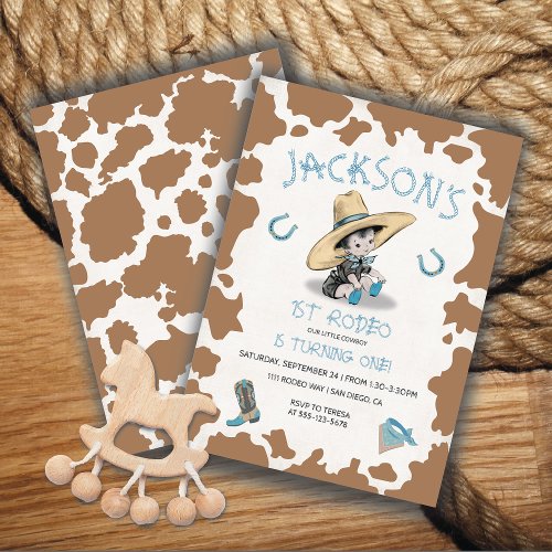 Little Cowboy 1st Rodeo Cow pattern Birthday Party Invitation