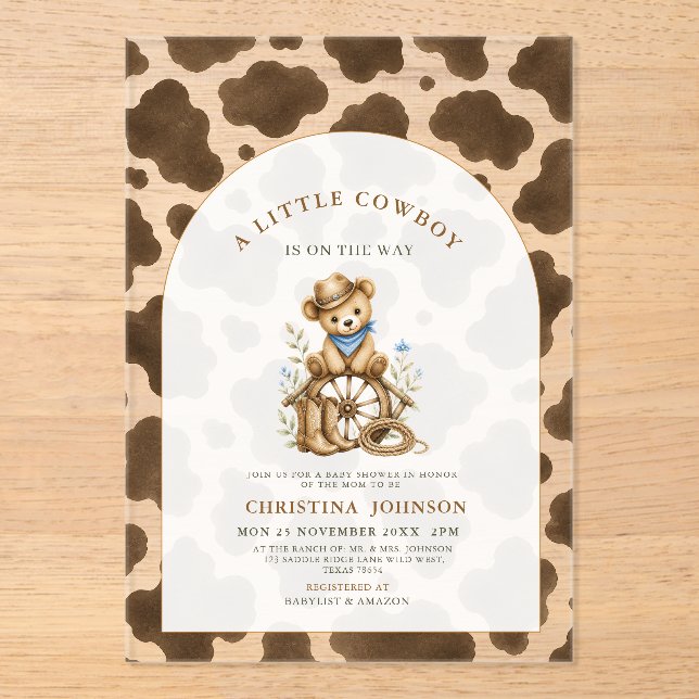 Little Cowboy Acrylic Invitation | Cow Print (Front)