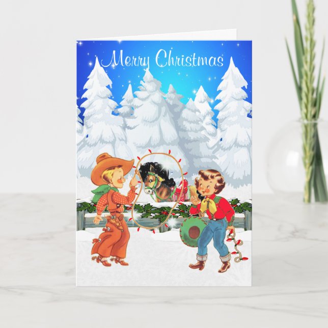 Little Cowboy and Cowgirl With Rope Lights  Horse Holiday Card (Front)
