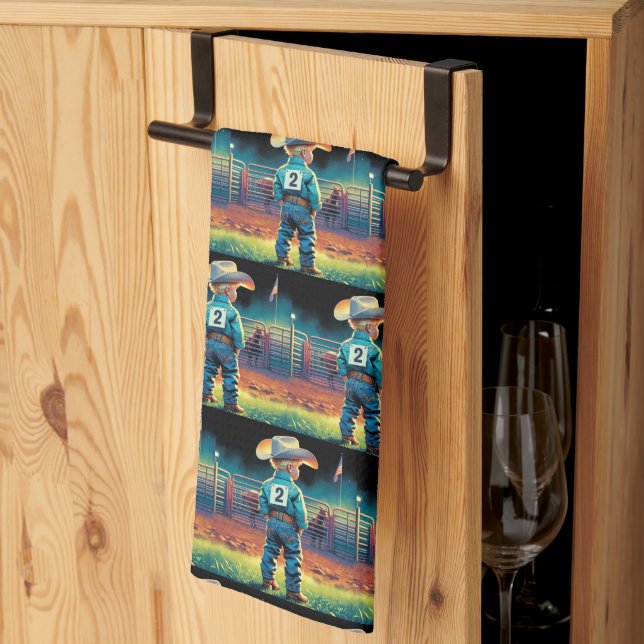 Little Cowboy at Rodeo Fence American Flag Horses Kitchen Towel (Thirds Fold)