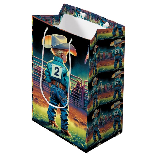 Little Cowboy at Rodeo Fence American Flag Horses Medium Gift Bag (Front Angled)