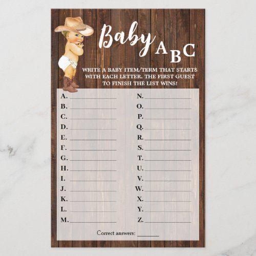 Little Cowboy Baby ABC Baby Shower Game Card Flyer