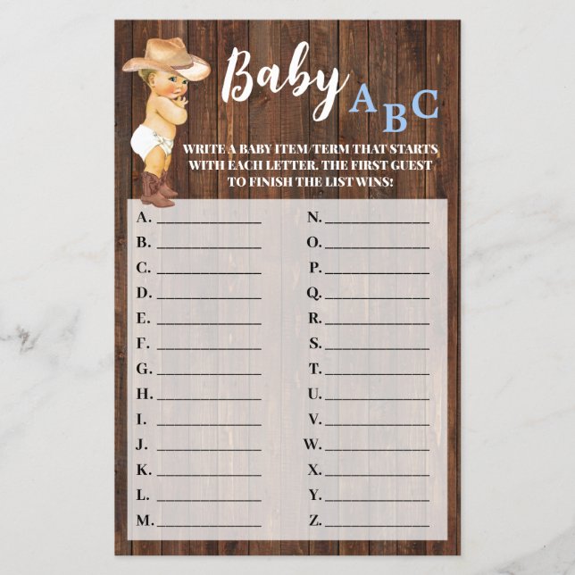 Little Cowboy Baby ABC Baby Shower Game Card Flyer (Front)