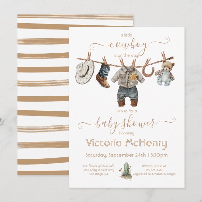 Little Cowboy Baby Boy Clothesline Baby Shower Invitation (Front/Back)