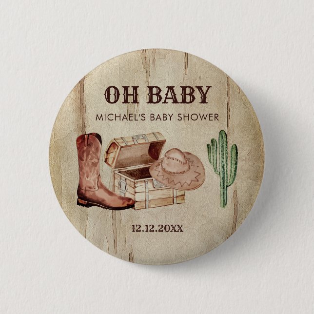 Little Cowboy Baby Shower Cactus Boots Hat Button (Front)