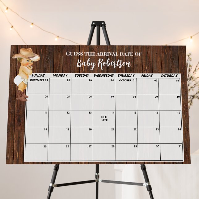 Little Cowboy Baby Shower Guess Due Date Calendar Foam Board (In Situ (Stand))