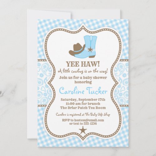 Little Cowboy Baby Shower Invitation blue  brown