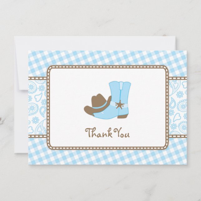 Little Cowboy Baby Shower Thank You blue and brown (Front)