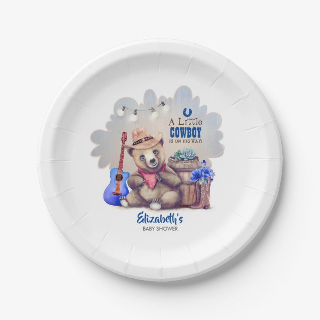 Little Cowboy Bear Baby Shower Country Themed Paper Plates (Front)
