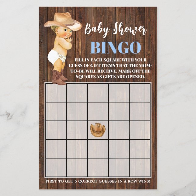 Little Cowboy Blue Baby Shower Bingo Game Card Flyer (Front)