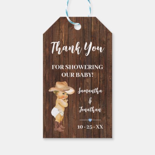 Little Cowboy Blue Baby Shower Faux Wood Favor Gift Tags