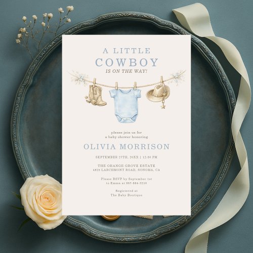 Little Cowboy Blue Rustic baby shower invitation