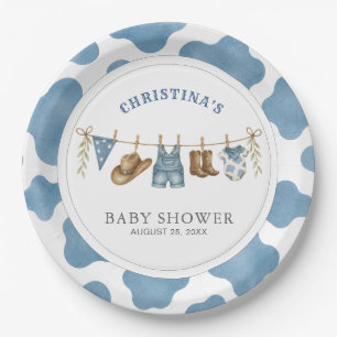 Little Cowboy Blue Cow Print Baby Shower Paper Plates