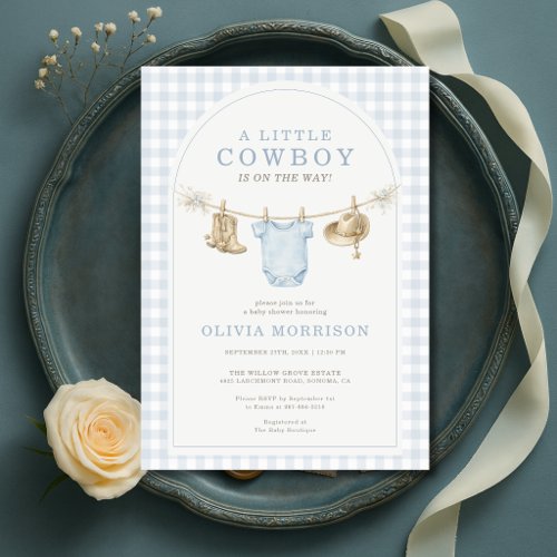 Little Cowboy Blue Gingham or plaid baby shower invitation