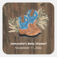 Little Cowboy Bootie Baby Shower Dark Wood Square Sticker