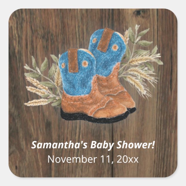 Little Cowboy Bootie Baby Shower Dark Wood Square Sticker (Front)