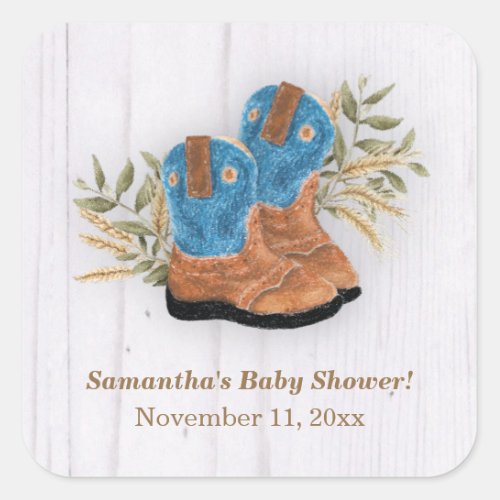 Little Cowboy Bootie Baby Shower White Wood Square Sticker