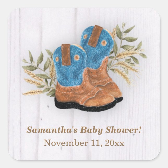 Little Cowboy Bootie Baby Shower White Wood Square Sticker (Front)