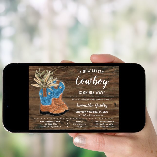 Little Cowboy Bootie Brown Wood Baby Shower Invitation (Front Digital)