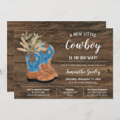 Little Cowboy Bootie Brown Wood Baby Shower Invitation (Front/Back)