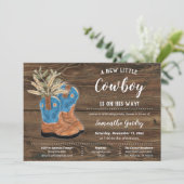 Little Cowboy Bootie Brown Wood Baby Shower Invitation (Standing Front)