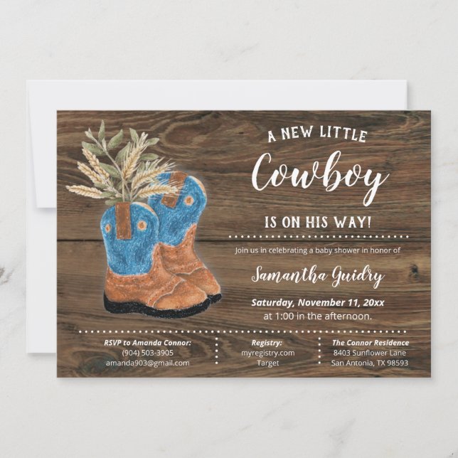 Little Cowboy Bootie Brown Wood Baby Shower Invitation (Front)