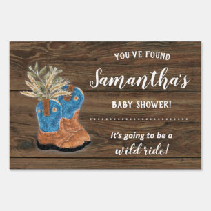 Little Cowboy Bootie Dark Wood Baby Shower Sign