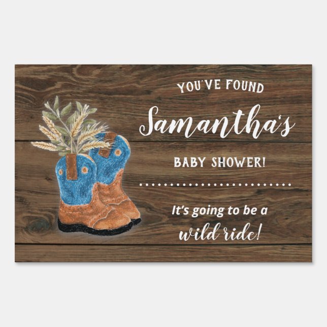 Little Cowboy Bootie Dark Wood Baby Shower Sign (Front)