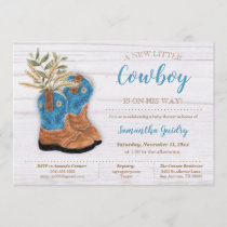 Little Cowboy Bootie White Wood Baby Shower Invitation