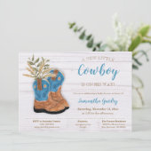 Little Cowboy Bootie White Wood Baby Shower Invitation (Standing Front)