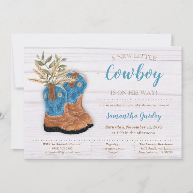 Little Cowboy Bootie White Wood Baby Shower Invitation (Front)