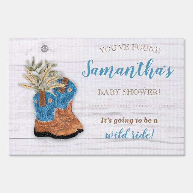 Little Cowboy Bootie White Wood Baby Shower Sign (Front)