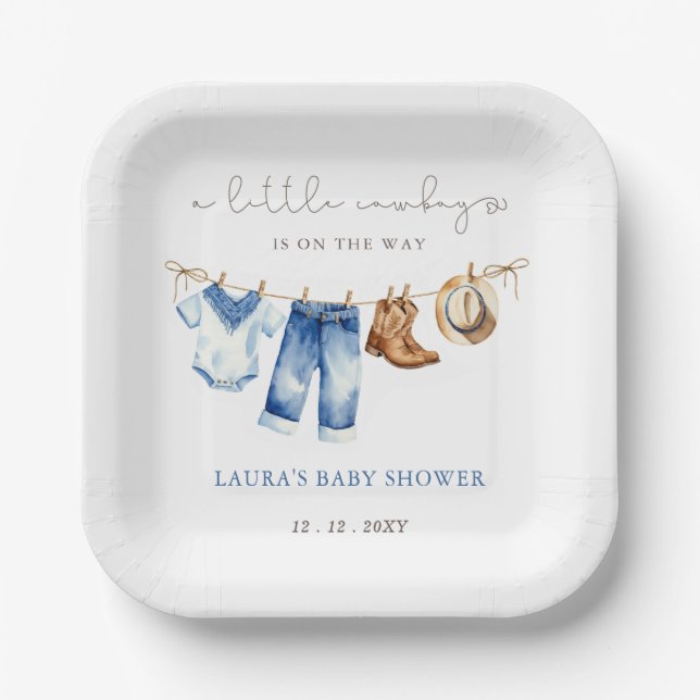 Little Cowboy Boy Baby Shower Paper Plates (Front)