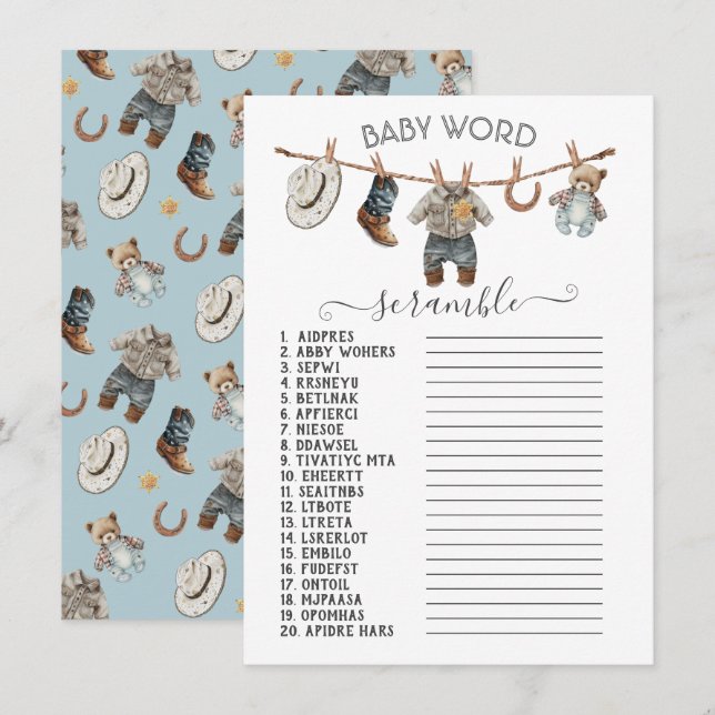 Little Cowboy Clothesline Baby Word Scramble Invitation (Front/Back)