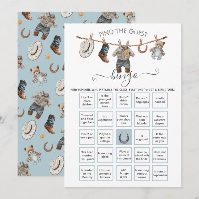Little Cowboy Clothesline Find the Guest BINGO  Invitation (Front/Back)
