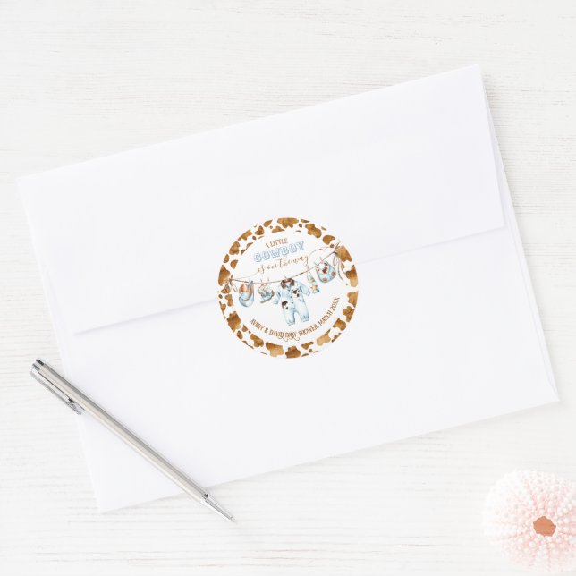 Little Cowboy Clothesline WildWest Boy Baby Shower Classic Round Sticker (Envelope)