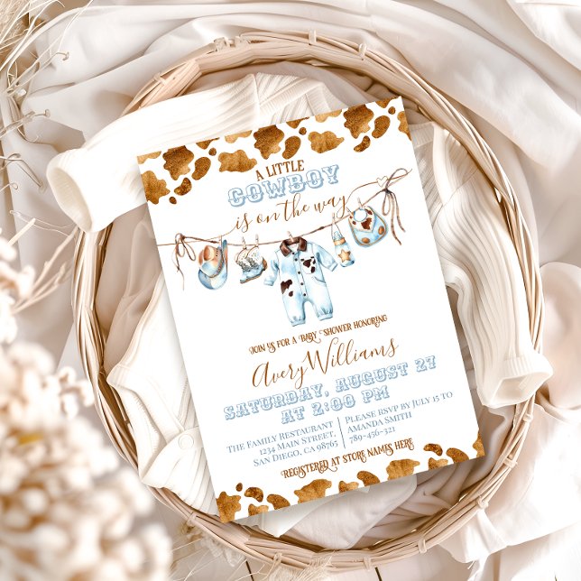 Little Cowboy Clothesline WildWest Boy Baby Shower Invitation (Creator Uploaded)