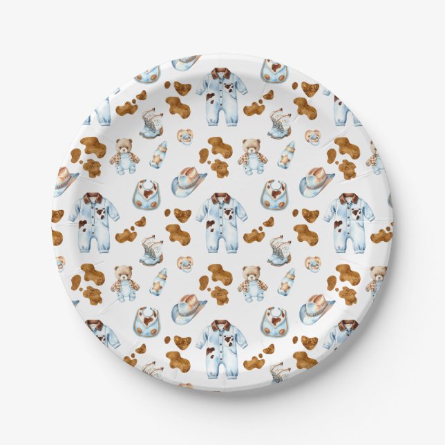 Little Cowboy Clothesline WildWest Boy Baby Shower Paper Plates (Front)