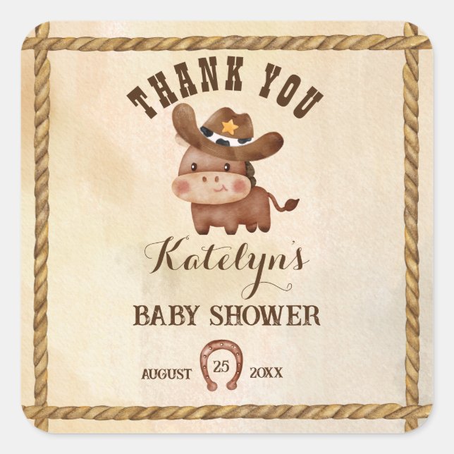 Little cowboy cute baby horse in a hat baby shower square sticker (Front)