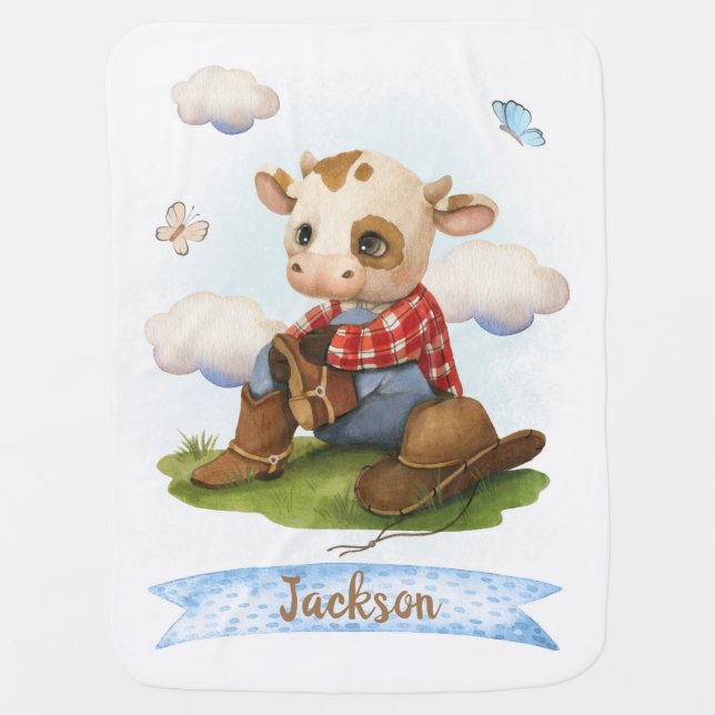 Little Cowboy Cute Bull Baby Blanket (Front)