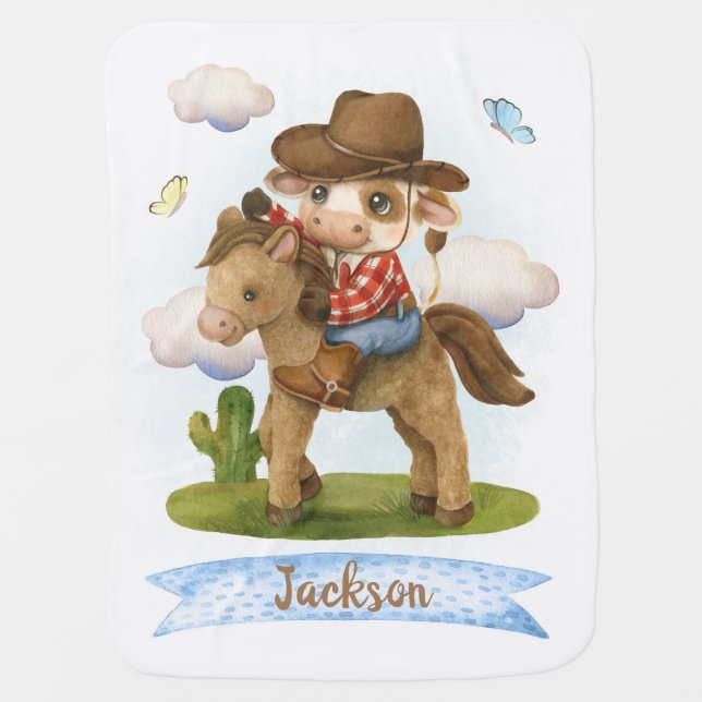 Little Cowboy Cute Bull Baby Blanket (Front)