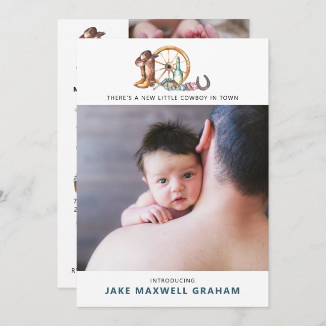 Little Cowboy | Double Sided Birth Announcement (Front/Back)